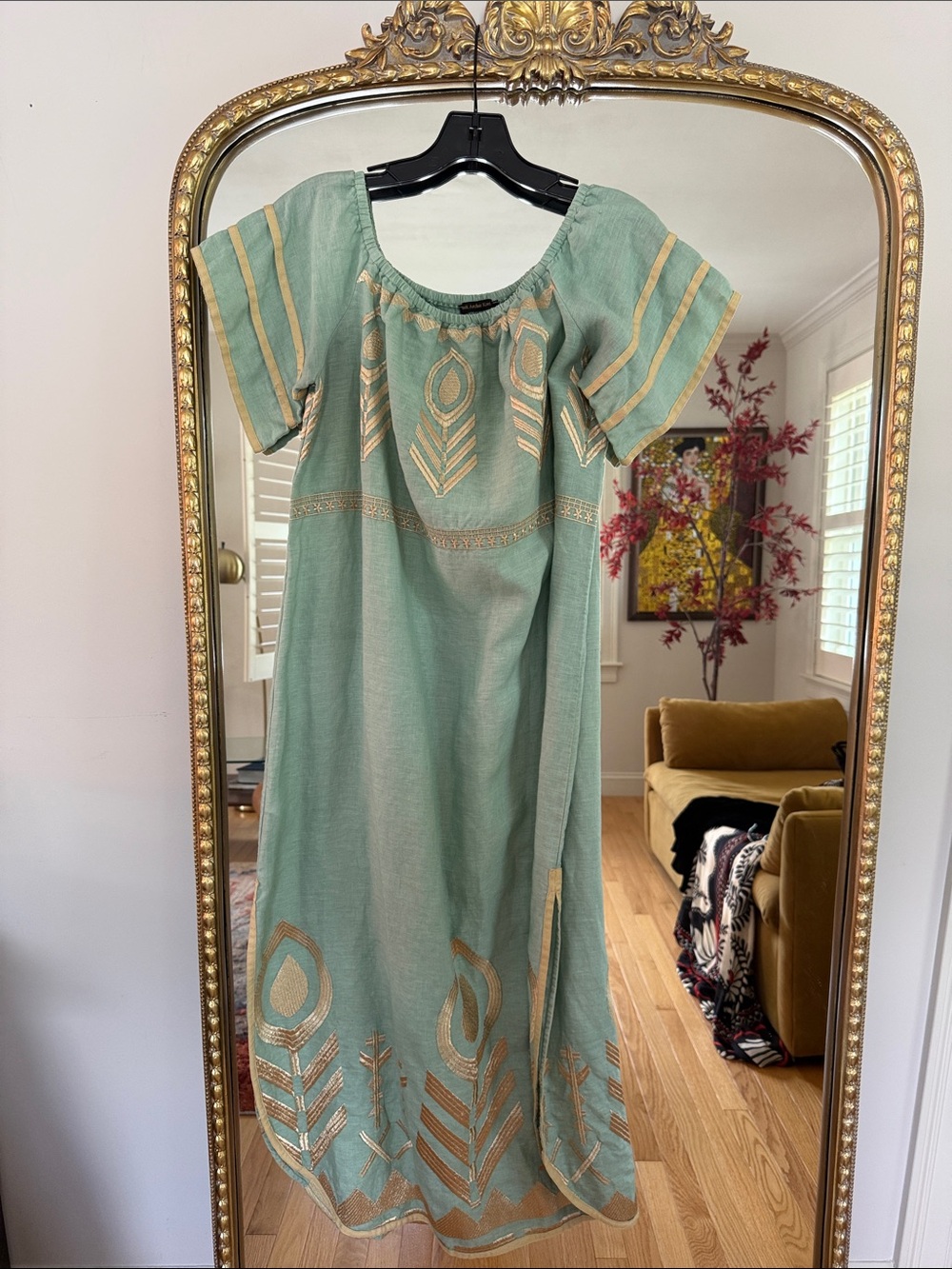 Greek Archaic Kori Linen Mint Maxi Dress with Gold Embroidered Accents